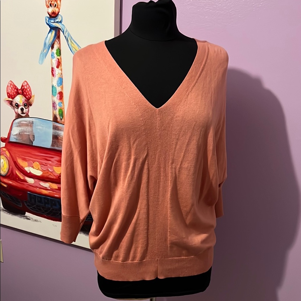 Chaps V-Neck Quarter Sleeve Women's Sweater - Peach Coral NWT